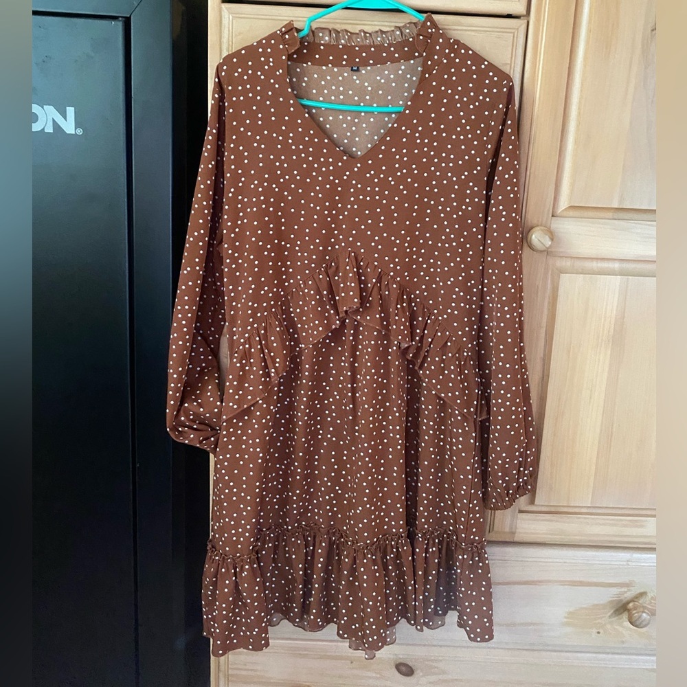 Brown dress with white polka dots